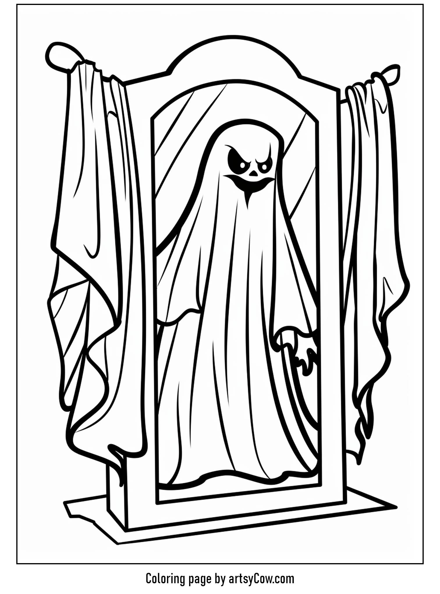 scary halloween coloring pages, featuring a large, eerie mirror draped with tattered curtains and a menacing ghost seemingly emerging from the glass.